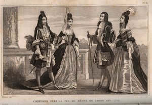 Kostýmy ke konci vlády krále Ludvíka XIV. (1710). Rytina z roku 1859 v „“ Le Monde. Dějiny všech národů od nejvzdálenějších dob až po současnost“. od M. E. de Lostalot-Bachoue (Lostalot Bachoue). Soukromá sbírka. od Anonymous Anonymous