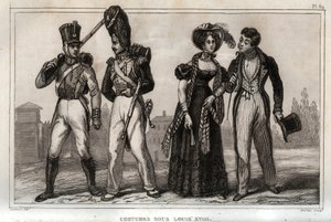 Kostýmy za Ludvíka XVIII. Rytina z roku 1859 v „“ Le Monde. Dějiny všech národů od nejvzdálenějších dob až po současnost“. od M. E. de Lostalot-Bachoue (Lostalot Bachoue). Soukromá sbírka. od Anonymous Anonymous