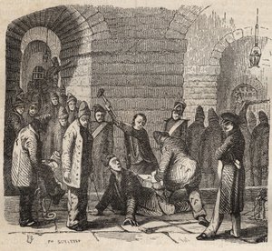 Spojka u Rochefort bagne v 19. století. Rytina do „Historie trestanců od jejich vzniku po současnost“ (1877) od Pierra Zacconeho (1817-1895) (Colonia Penale - Trestná kolonie). Soukromá sbírka. od Anonymous Anonymous