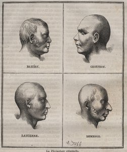 Kriminální frenologie v Brest Bagne (portréty zobrazující fyziognomické vlastnosti různých typů zločinců). Rytina do „Historie odsouzených od jejich vzniku po současnost““ (1877) od Pierra Zacconeho (1817-1895) (Colonia Penale - Penal od Anonymous Anonymous