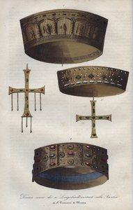 Koruny Suverians Lombardského království (568-774), zachované v bazilice svatého Jana z Monzy - Různé koruny lombardských králů zachované v bazilice San Giovanni di Monza - rytina z „“ Usi e Costumi di Tutti i i Popoli dell od Anonymous Anonymous