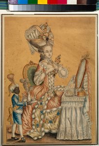 Dáma na záchodě s černým chlapcem - Anonymní dílo, Akvarel na papíře cca 1770 (29,2 x 21,2 cm) - Státní Treťjakovská galerie, Moskva od Anonymous Anonymous