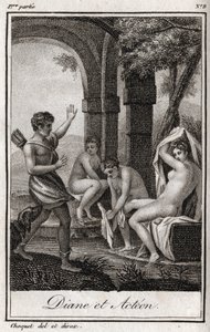 Diane a Acteon (Diana a Actaeon) Diane překvapila ve vaně lovec Acteon. Rytina z roku 1819 v „Lettres a Emilie sur la mythologie“ od Charlese Alberta Demoustiera (1760-1801). Soukromá sbírka. od Anonymous Anonymous