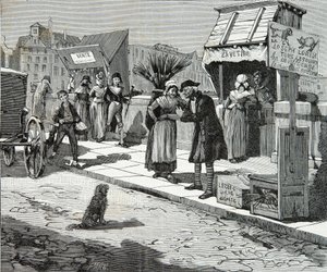 Vyžínače psů na mostě devět v Paříži kolem roku 1796, rytina, soukromá sbírka od Anonymous Anonymous