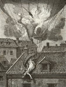 Dramatická smrt Madame Sophie Blanchard (1778-1819), aeronaut 6. července 1819 nad zahradami Tivoli v Paříži, Rytina, soukromá sbírka od Anonymous Anonymous
