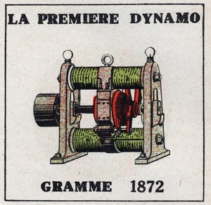 Dynamo: první dynamo vynalezené Zenobe Theophilem Gramem (1826-1901) v roce 1872. Anonymní ilustrace z roku 1925. Soukromá sbírka. od Anonymous Anonymous