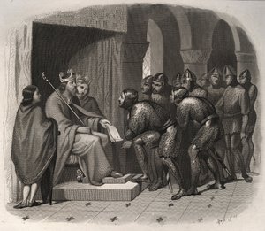 Edward Vyznavač (jeden z posledních anglosaských králů Anglie) - St. Edward Vyznavač (1004-1066) dává nové zákony svému lidu. Rytina z roku 1846 v „Životech svatých““. Soukromá sbírka. od Anonymous Anonymous