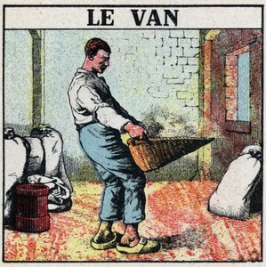 Elektrické nářadí: dodávka nebo proutěný koš používaný k utírání obilí před vynálezem elektrických strojů. Anonymní ilustrace z roku 1925. Soukromá sbírka. od Anonymous Anonymous