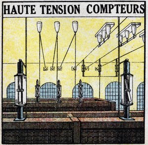 Elektrické vedení: elektroměry vysokého napětí. Anonymní ilustrace z roku 1925. Soukromá sbírka. od Anonymous Anonymous
