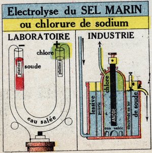Elektrochemie: elektrolýza mořské soli nebo chloridu sodného. Anonymní ilustrace z roku 1925. Soukromá sbírka. od Anonymous Anonymous