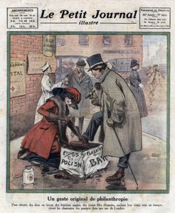 Elegantní mladé dívky s tváří skrytou za maskou voskují boty londýnským kolemjdoucím, aby získaly peníze pro anglické nemocnice. Ilustrace převzata z „Le petit journal illustrious“““ z 11.6.1921. Soukromá sbírka od Anonymous Anonymous