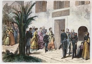 Císařovna Eugenia a císařský princ Ludvík Napoleon na návštěvě v domě, kde se narodil Napoleon I., v Ajacciu, Korsika, Francie 1869 - plavba císařského a císařského prince - návštěva domu Napoleona I. do Ajaccia - 1869 od Anonymous Anonymous