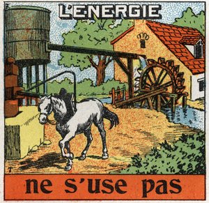 Energie se neopotřebovává: kůň se připojí k manéži a slyší vodu v nádrži. Anonymní ilustrace z roku 1925. Soukromá sbírka. od Anonymous Anonymous