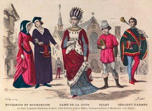 Rytina - Bourgeois et bourgeoise, Dvorní dáma, komorník, seržant v Paříži ve 13. století (v pozadí la grande Chatreuse de Paris, hotel Vauvert) - Dvorní kostýmy ve Francii ve 13. století - soukromá sbírka od Anonymous Anonymous