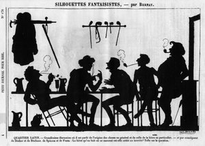 Fantastické siluety od Bernaye. Karikatura o pařížských intelektuálech: „“ Latinská čtvrť. Skvělá diskuse, kde se mluví o původu věcí obecně a piva konkrétně...“ Rytina v „“ Petity Journal pour Rire““ od Anonymous Anonymous