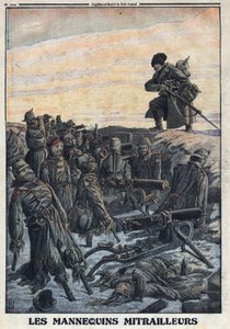 První světová válka 1914-1918 (14.-18. válka). Němečtí vojáci používají figuríny, které mají v zákopech s kulomety, aby oklamali ruského nepřítele tak, aby pasti. V „“Le Petite Journal“ dne 6.2.1916. Soukromá sbírka od Anonymous Anonymous
