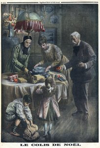 První světová válka 1914-1918 (válka 14-18). Vánoční dárek: Děti dostávají a rozbalují balíčky, které dostaly od otce na Štědrý den na bojišti. V “”Le Petite Journal””, dne 24.12.1916. Soukromá sbírka od Anonymous Anonymous
