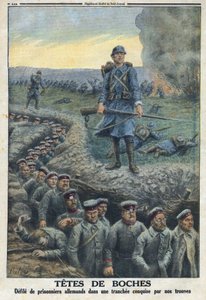 První světová válka 1914-1918 (válka 14-18). "" Headheads "": poskvrňuje německé zajatce v zákopu dobytém vojsky francouzské armády. V „“Le Petité Journal“ dne 5.3.1916. Soukromá sbírka od Anonymous Anonymous