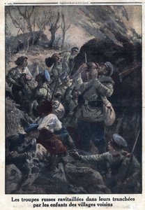 První světová válka 1914-1918 (válka 14-18). Ruské vojenské jednotky doplňovaly palivo ve svých zákopech dětmi ze sousedních vesnic. V „“Le Petite Journal“ dne 02.04.1916. Soukromá sbírka od Anonymous Anonymous
