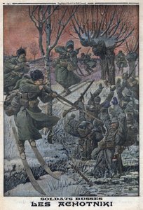 První světová válka 1914-1918 (válka 14-18). Ruští vojáci Ahotniki na lyžích střílí německé vojáky. V „“Le Petite Journal“ dne 23.01.1916. Soukromá sbírka od Anonymous Anonymous