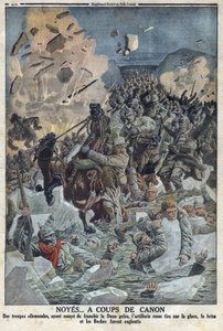 První světová válka 1914-1918 (válka 14-18). Německá armáda se pokouší překročit řeku Duna gele, ale ruské dělostřelectvo střílelo z pistole na led a utopilo německou armádu (v textu přezdívaná Boche) V „“The Petity Journal““ od Anonymous Anonymous