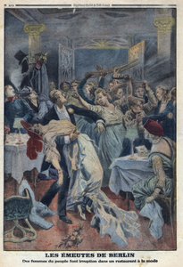 První světová válka 1914-1918 (válka 14-18). Ženy z lidu vtrhnou do módní restaurace a požadují návrat svých manželů. V „“Le Petite Journal“ dne 16.01.1916. Soukromá sbírka od Anonymous Anonymous