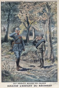 První světová válka 1914-1918 (válka 14-18). Mladý ruský voják Ignatof ve francouzském armádním pluku. V „“Le Petité Journal“ dne 21.05.1916. Soukromá sbírka od Anonymous Anonymous
