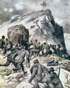 První světová válka: „“ Italští alpští lovci (alpini nebo alpini) šplhající na vrchol Cauriol, italské Alpy““ 1916 Ilustrace z „La domenica del corriere““ od Anonymous Anonymous