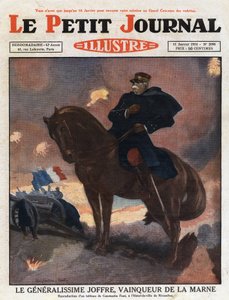 První světová válka: portrét generála Josepha Joffreho (1852-1931) na koni, reprezentujícího jako vítěze na bitevním poli La Marne (září 1914)“ Ilustrace z obrazu od Constantina Fonta. Rytina z „Le petit journal illustrious““ z roku 1931. od Anonymous Anonymous