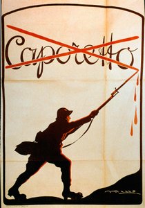 První světová válka: plakát vydaný u příležitosti porážky Caporetta (neboli bitvy u Karfreitu) na konci října 1917 představující vojáka italské armády, který si ze špičky baonety sundal jméno „Caporetto“. Ilustrátor není ident od Anonymous Anonymous