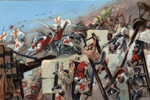 První křížová výprava (1096-1099): dobytí Jeruzaléma cestami vedenými Godefroyem (Godefroi) z Bouillonu (1061-1100) 15. července 1099. Reklamní chromolitografie čokolád Antoine v Bruselu, počátek 20. století. Soukromá sbírka od Anonymous Anonymous