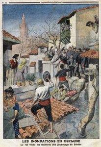 Povodně ve Španělsku: Král Alfonso XIII. (1886-1941) navštíví zlověstné předměstí Sevilly. Rytina v „“Le Petite Journal“ dne 25.2.1912. Soukromá sbírka. od Anonymous Anonymous