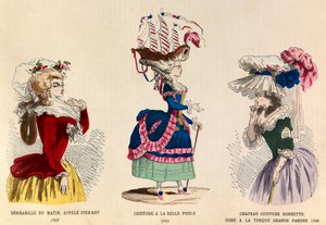 Zleva doprava: Deshaville du matin zvaný Pierrot v roce 1787; Účes a la Belle Choule v roce 1780; Klobouk klobouk a šaty turecká velká ozdoba v roce 1786 - soukromá sbírka od Anonymous Anonymous