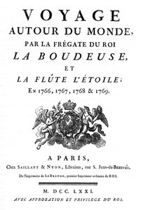 Frontispis z roku 1771 knihy „“ Cesta kolem světa královské fregaty La Boudeuse a flétny L