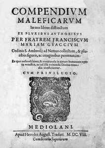 Frontispice of “” Compendium Maleficarum””, pojednává o čarodějnicích, jejich zlu a jejich sortileges Francesco Maria Guazzo nebo Guaccio nebo Guaccius (15?? -16??) 1608 od Anonymous Anonymous