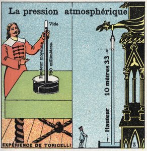 Tlak plynu: atmosférický tlak. Vlevo experiment Evangelisty Torricelliho (nebo Toricelliho) na atmosférickém tlaku měřeném pomocí jeho barometru (rtuťové trubice) v roce 1643. Vpravo zkušenost Blaise Pascala (1623-1662) od Anonymous Anonymous
