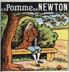 Gravitace: Newtonovo jablko. Isaac Newton (1642-1727) pozoruje jablko padající z jabloně a objevuje zákony zemské gravitace (gravitu). Anonymní ilustrace z roku 1925. Soukromá sbírka. od Anonymous Anonymous
