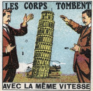Gravitace: tělesa padají stejnou rychlostí. Využití věže v Pise k ilustraci zákonů padajících těl. Anonymní ilustrace z roku 1925. Soukromá sbírka. od Anonymous Anonymous