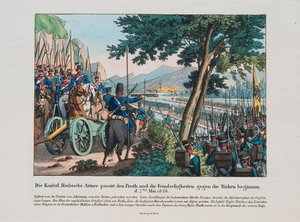 Guerre russo-turque de 1828-1829 - Ruská armáda překračuje řeku Pruth do Moldávie v květnu 1828 par Anonymous, c. 1830 - Lept, akvarel od Anonymous Anonymous