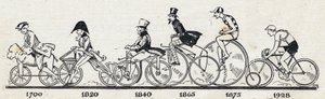 Historie jízdního kola: různé modely jízdních kol od roku 1700 do roku 1928. Rytina v „“Le petit journal illustrious““ od Anonymous Anonymous