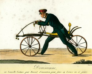 Historie jízdního kola: draisienne, velmi oblíbené nové auto kolem roku 1818. Rytina z roku 1818. Soukromá sbírka od Anonymous Anonymous