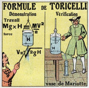 Hydraulika: demonstrace a ověření Toricelliho formule. Italský fyzik Evangelista Torricelli nebo Toricelli (1608-1647) dal vzorec pro výpočet průtoku kapaliny, když člověk zná výšku jejího pádu. Vpravo váza o od Anonymous Anonymous