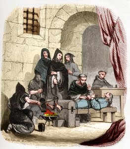 Inkvizice ve Španělsku v 15. století: Marie Burgundská (1457-1482), obviněná z židovské příslušnosti, je mučena (svatým) Petrem (Pedrem) z Arbues (1441/1442-1485), španělským inkvizitorem: pálí si nohy . Ilustrace v „“ Záhady inkvizice a od Anonymous Anonymous