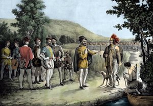 Jacques Cartier, jeho první rozhovor s indiány v Hochelaga nyní Montreal v roce 1535 (litho od Anonymous Anonymous