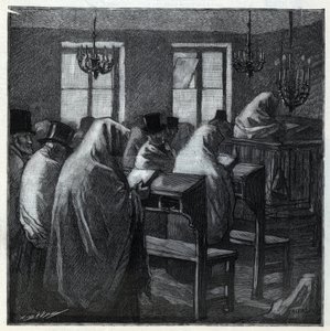 Židovské svátky: fideles během modlitby uvnitř oratoře během prázdnin. Rytina v „Le monde illustree““ z roku 1892. Soukromá sbírka. od Anonymous Anonymous