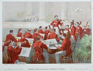 Johann Strauss syn diriguje svůj orchestr během dvorního plesu ... (litografie) od Anonymous Anonymous