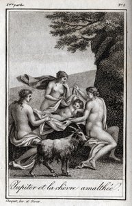 Jupiterské dítě krmené kozou Amalthee. Rytina z roku 1819 v „Lettres a Emilie sur la mythologie“ od Charlese Alberta Demoustiera (1760-1801). Soukromá sbírka. od Anonymous Anonymous