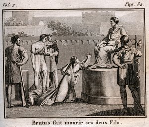 LUCIUS JUNIUS BRUTUS odsuzuje své vlastní syny k smrti za spiknutí za účelem obnovy Tarquinů, vyhnaných králů Říma, 509 př. n. l. - Rytina z „“ Rollin z mládí aneb Vybrané kusy starověkých a římských příběhů““ 1816 – Soukromá sbírka od Anonymous Anonymous