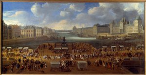 Le Pont Neuf při pohledu od vchodu na Place Dauphine, průchod průvodu na mostě v roce 1669 Anonymní obraz. Slunce. 0,81x1,62 m Paříž, muzeum Carnavalet od Anonymous Anonymous