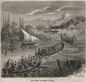 Vězení v Toulonu – řetěz klesající po Rhoně – rytina do „Historie věznic od jejich vzniku po současnost“ (1877) od Pierra Zacconeho (1817-1895) (Colonia Penale – Trestná kolonie) od Anonymous Anonymous